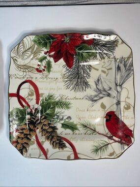 222 Fifth Holiday Wishes Cardinal Christmas Serving/Salad Plate Set of 2